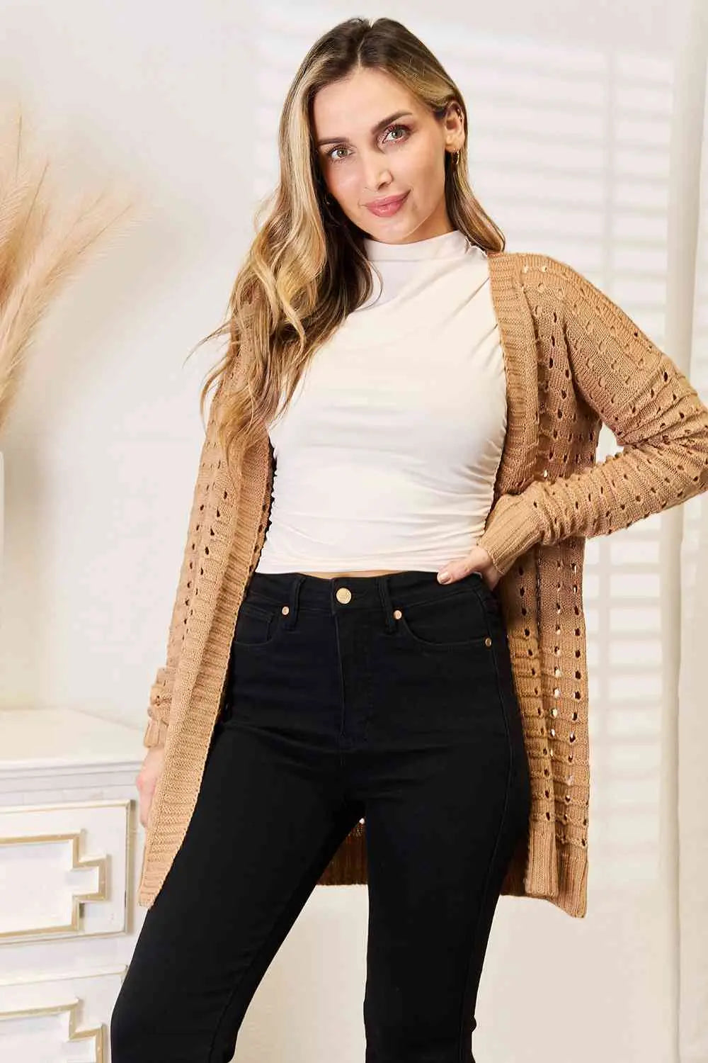 Knoop-Up Fleur-Horizontale Vibes Rib Open Voorkant Cardigan in Karamel