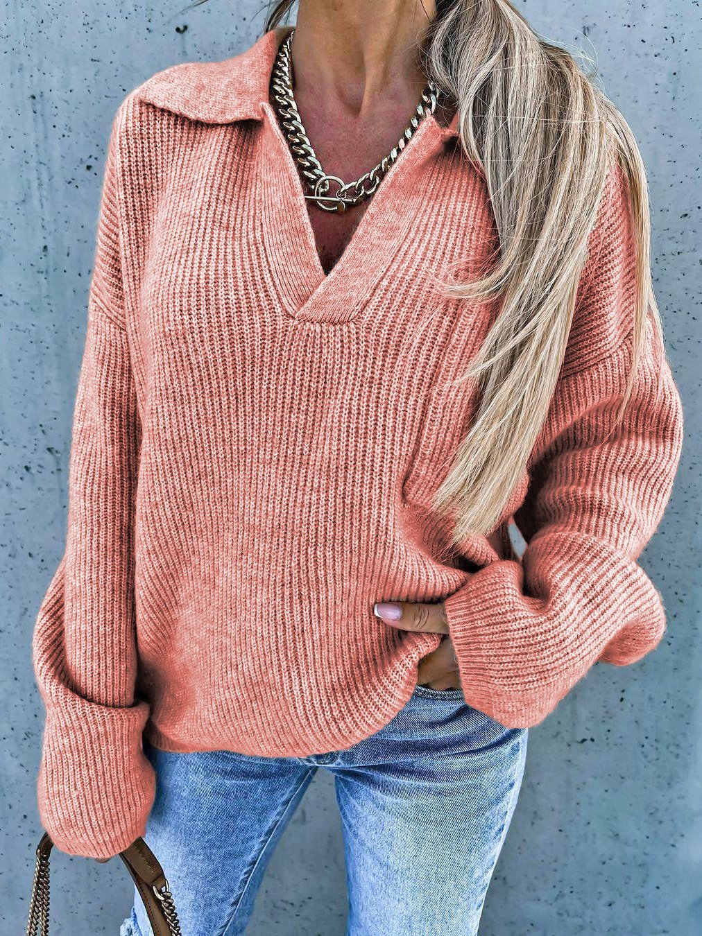 Stijlvolle Losse V-Hals Trui met Zakken - Lange Mouwen Sweater voor Dames