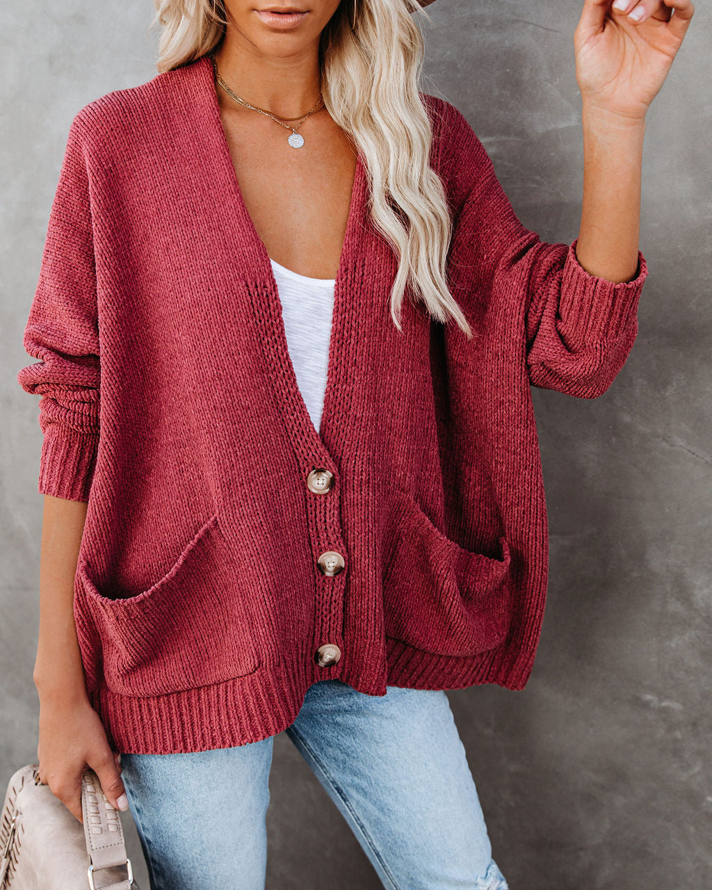 Klassieke Gebreide Cardigan met Zakken - Vintage Roze